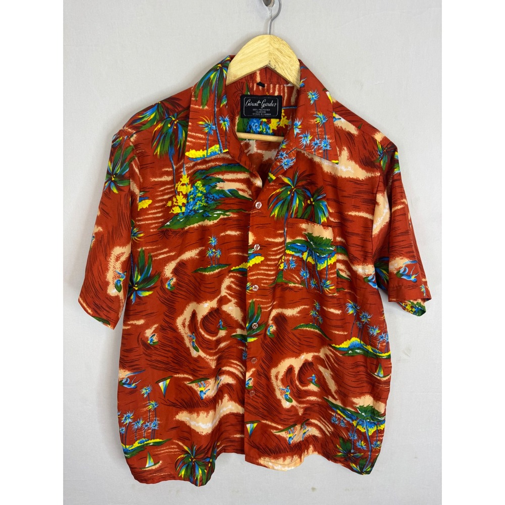 Vintage Avant Garde Mens Tropical Hawaiian Shirt Orange Palm Tree Surfer Large